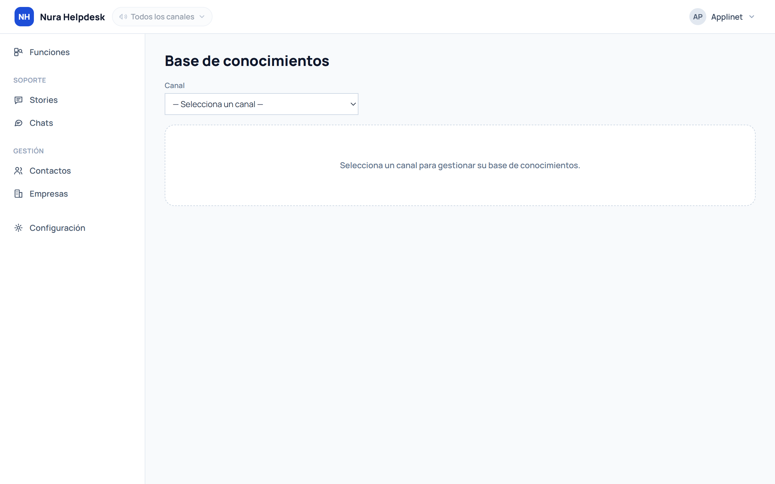 Base de conocimientos de Nura Helpdesk con artículos organizados por categoría